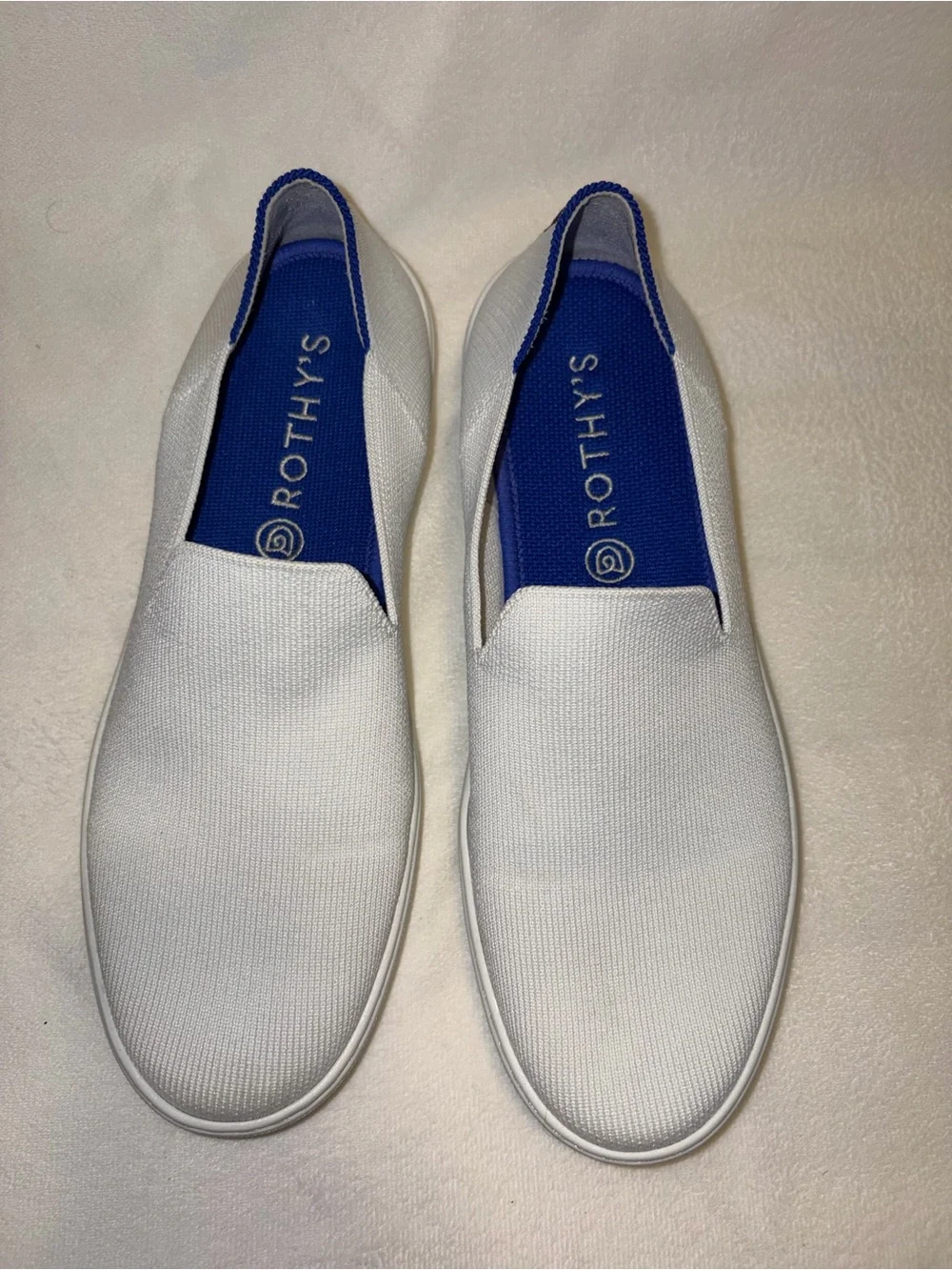 Rothy's White Slip-On Knit Loafers with Blue Insoles women size 9